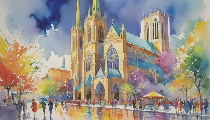 Note dame cathedral vibrant watercolor in the style of Leroy Neiman 