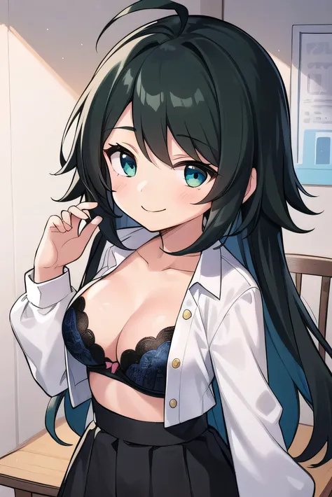 Junior high school student who looks like an elementary school student, 14 years old, very short, 140 cm tall, black hair with a slight green tinge, short ahoge, beautiful long hair but with a little hair sticking out, beautiful round eyes, blue eyes, smil...