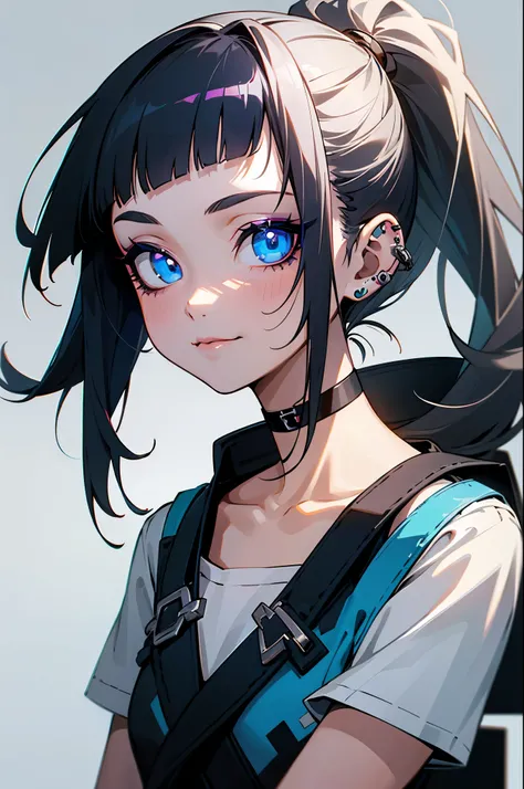 cartoon, punk, 1girl, solo, looking at viewer, 3/4, bangs, simple background, shirt, black hair, hair ornament, jewelry, blue eyes, collarbone, white shirt, black and white hair, ponytail, choker, blunt bangs, blue eyes, grey background, collar, bracelet, ...