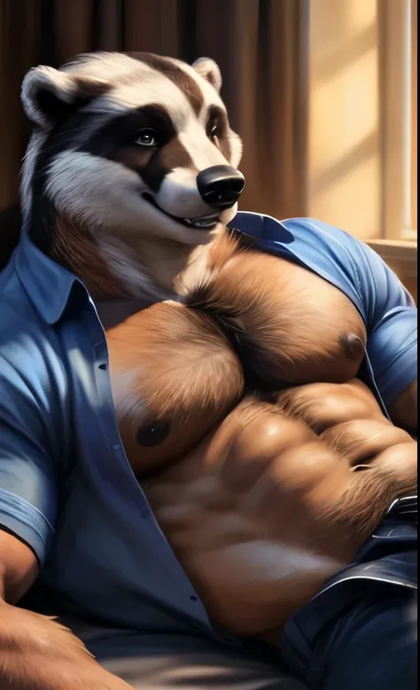 (((Badger))), (((open shirt))), ((blue jeans pants)), (((full body portrait))), showing pecs, showing chest, male, solo, adult, muscular abs, big pecs, nipples, older, detailed muscles, strong muscles, huge muscles, brown hair, (((lying down in bed))), (be...