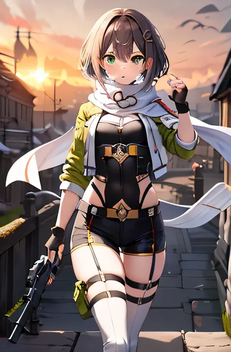 masterpiece, highest quality, High resolution, 1people&#39;s Girl, Chinon 1, scarf, Fingerless gloves, White clothes and green jacket, hair ornaments, Barrette, Thigh straps, (photograph:1.3), He has a gun, sniper rifle, Remains, photograph position, Worri...