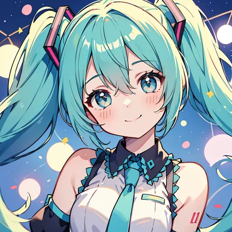 one girl、hatsune miku、twin tails、smile、colorful、lovely、illuminated by spotlightasterpiece、highest quality、perfect face