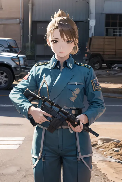 masterpiece, highest quality, High resolution, One girl, Hamriz, Folded ponytail, ((Brown eyes)), Medium chest,  Cowboy Shot, View your viewers,holding a rifle, Has an assault rifle, Gun Action:1.5, masterpiece, Detailed Shadows, Detailed light, Very detai...