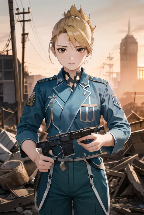 masterpiece, highest quality, High resolution, One girl, Hamriz, Folded ponytail, ((Brown eyes)), Medium chest,  Cowboy Shot, View your viewers,holding a rifle, Has an assault rifle, Gun Action:1.5, masterpiece, Detailed Shadows, Detailed light, Very detai...
