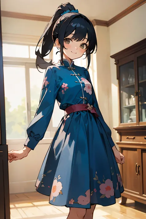 In the best quality、Teenage girl standing in a room。In high resolution、Beautiful details、Quiet atmosphere。Black hair ponytail、Cute Smile.。Wearing a cute floral blue dress。