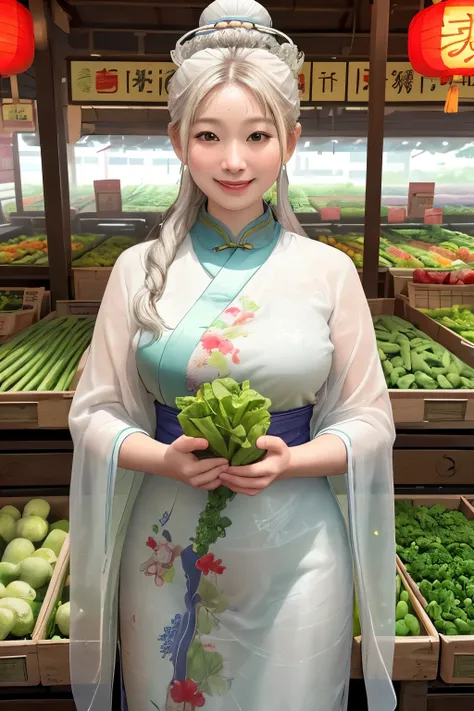 In the backdrop of a photo-realistic image, a tranquil Chinese white Buddha statue stands amidst the bustling vegetable markets chaos. His serene and slightly joyful expression contrasts the markets vibrant energy. Set in the heart of the scene, this capti...