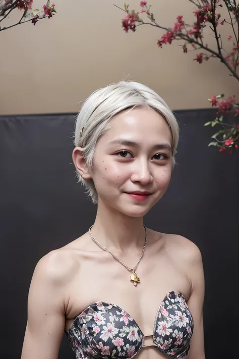 ((SHORT WHITE HAIR COLOR)), ((FLAT CHEST:1.8)), ((Lace)), (Happy smile), masutepiece, High quality, UHD 32K, Realistic face, Realistic skin feeling , A Japanese Lady, 58 years old matured lady, , Very cute and baby-like face, (((FLAT CHEST))), (Night time ...