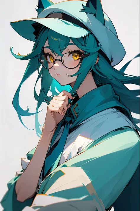 1 girl solo, teal hair, animal ears, glasses, blue and white clothes, hat, yellow eyes,
