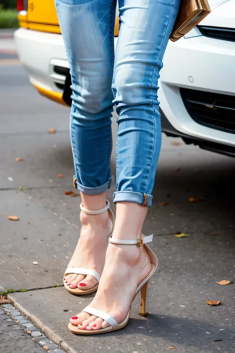 Woman in sandals , feet, Skinny jeans、close