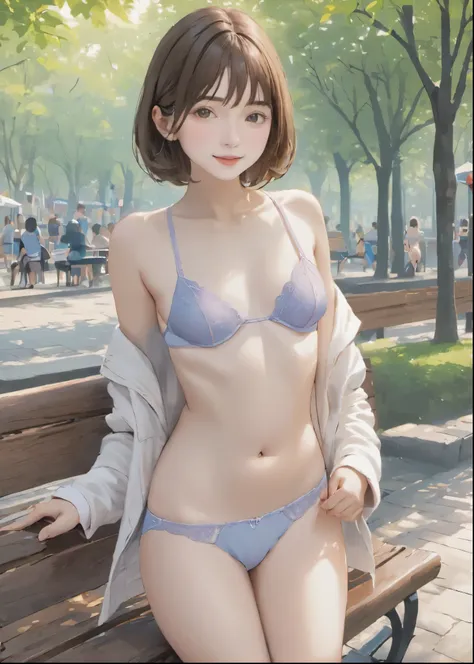 ((photorealistic background:1.5)),((gravure idol pose:1.5)), (small breasts:1.1), on a park bench, cute, little, kindergarteners...