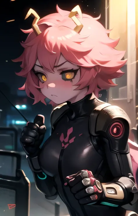 front,  1girl, pink hair, short pink hair, bright pink skin 1:1.5, black sclera, yellow iris, detailed eyes, small horns (yellow), frown, wince, hurt face, medium breasts, plug suit (black), plug holes on limbs, tight fit, curves, cleft of venus, fist in a...