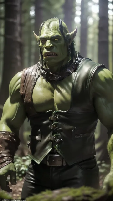 (masterpiece), (extremely intricate:1.3), (realistic), (((scrawny, green skinned orc, ork), black leather vest, moss)), outdoors, metal reflections, ((black forest, tall trees)), professional photograph, soft focus, dramatic, award winning, cinematic light...