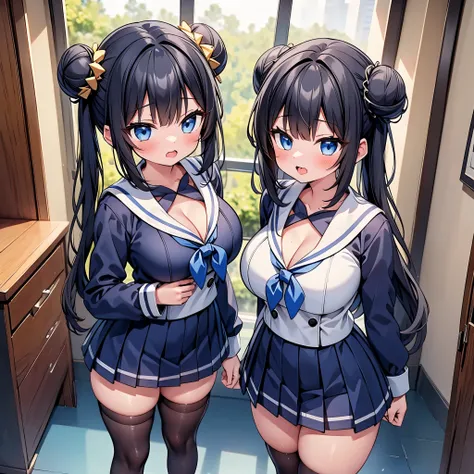 highest quality,wonderful,finely,extremely detailed CG Unity 8K wallpaper, (2 Girls,Black Hair, Blue Eyes,double bun), (medium breast), (sailor uniform:1.1), (cleavage cutout:1.2), (open mouth:1.2), (long tongue:1.2), (mouth drool:1.2), (black stockings:1....