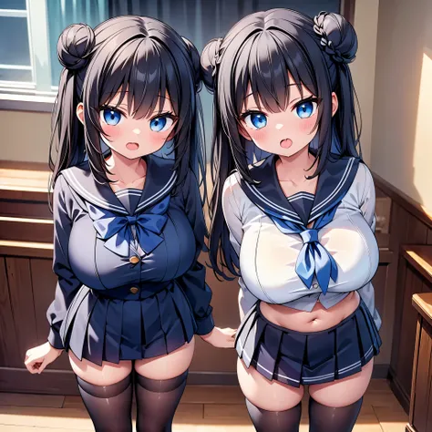 highest quality,wonderful,finely,extremely detailed CG Unity 8K wallpaper, (2 Girls,Black Hair, Blue Eyes,double bun), (huge breast), (sailor uniform:1.1), (cleavage cutout), (open mouth:1.2), (long tongue:1.2), (mouth drool:1.2), (black stockings:1.1),(Th...