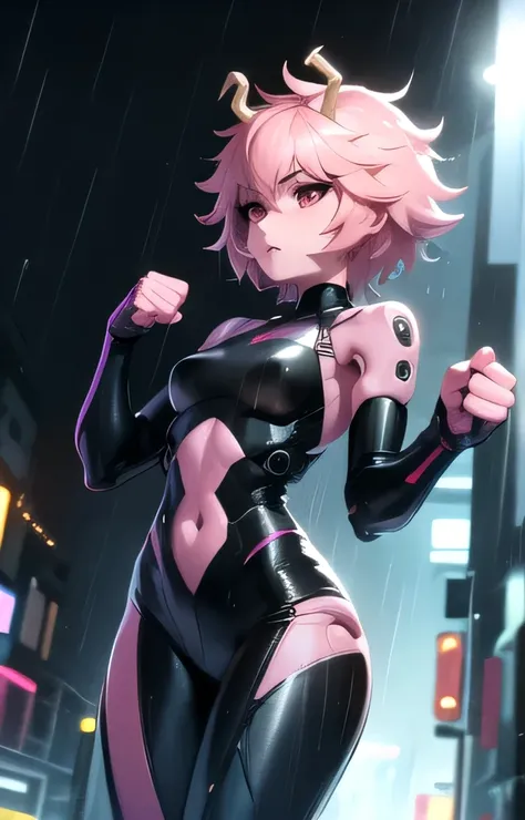 front,  1girl, pink hair, short pink hair, bright pink skin, black sclera, small horns (yellow), tired look, medium breasts, plug suit (black), plug holes on limbs, tight fit, curves, fist in air, fight stance, rain, rain drops, street, cyberpunk, cyborg a...