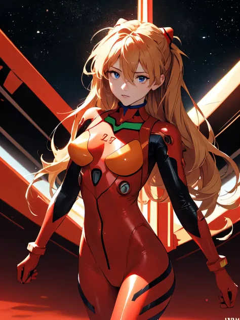 (masterpiece, highest quality), One girl, Beautiful Face, Beautiful body, souryuu_Asuka_Langley, Plug Suit, Bodysuits, Interface Headset, red Bodysuits, Hair between the eyes, Pilot Suit,((Show your whole body:1.5)), The background is space (Amazing detail...