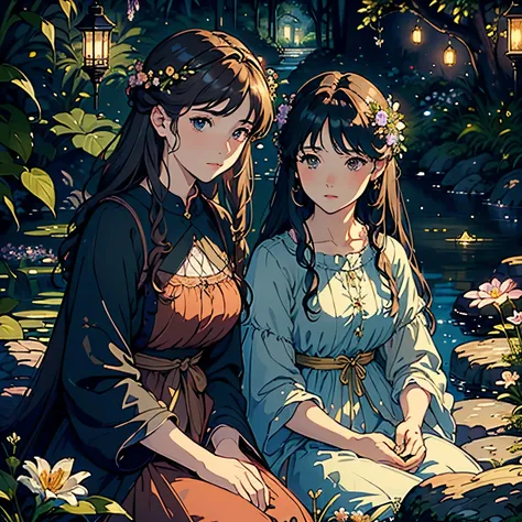 (highest quality, masterpiece, High resolution)、4K Anime Art、Soft Light、(Two women sitting on a small rock)、(Detailed depiction of a beautiful face)、 evening、Next to the female is a lantern、Fireflies are flying、Waterfront、Lily flowers are blooming、(Pre-Rap...