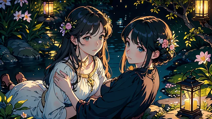 (highest quality, masterpiece, High resolution)、4K Anime Art、Soft Light、(Two women sitting on a small rock)、(Detailed depiction of a beautiful face)、 evening、Next to the female is a lantern、Fireflies are flying、Lily flowers are blooming、(Pre-Raphaelite sty...