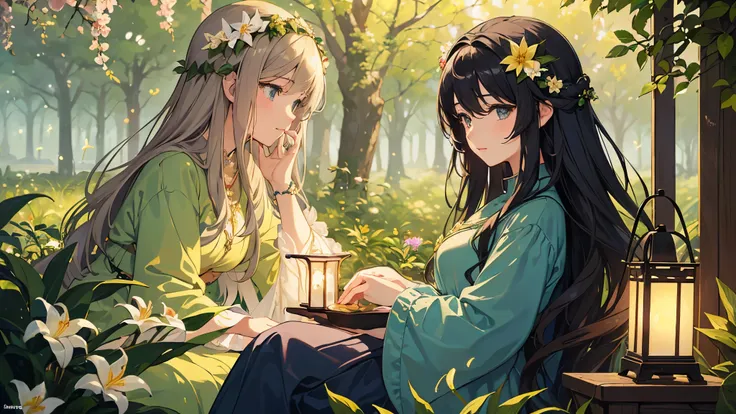 (highest quality, masterpiece, High resolution)、4K Anime Art、Soft Light、(Two women sitting on a small rock)、(Detailed depiction of a beautiful face)、 evening、Next to the female is a lantern、Fireflies are flying、Lily flowers are blooming、(Pre-Raphaelite sty...