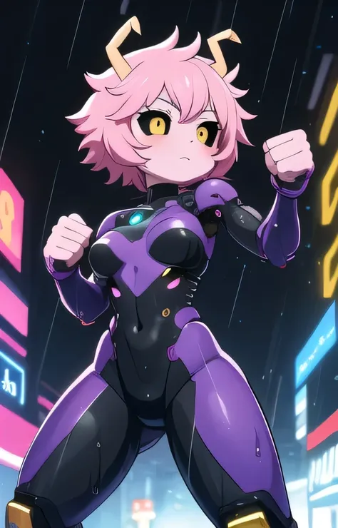 front, 1girl, pink hair, short pink hair, bright pink skin, black sclera, small horns (yellow), tired look, medium breasts, plug suit (black), plug holes on limbs, tight fit, curves, fist in air, fight stance, rain, rain drops, street, cyberpunk, cyborg ar...