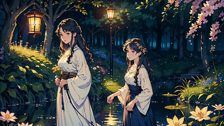 (highest quality, masterpiece, High resolution)、4K Anime Art、Soft Light、(Two women taking a walk、20-year-old)、(Detailed depiction of a beautiful face)、 evening、A woman is holding a lantern、Fireflies are flying、Lily flowers are blooming、(Pre-Raphaelite styl...