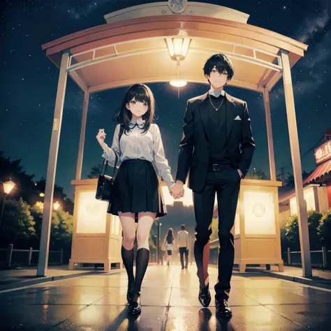 15 years old、Male and female couple、Holding hands、Date at the amusement park、The man is expressionless、Woman smiles、The girl is wearing a high  blazer、Skirt 10cm above the knee、The man is wearing black plain clothes、The color of the shoes is black、whole bo...