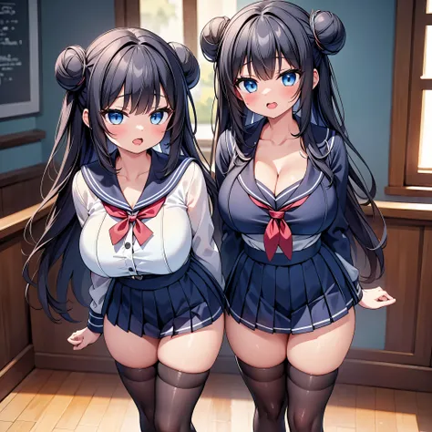 highest quality,wonderful,finely,extremely detailed CG Unity 8K wallpaper, (2 Girls,Black Hair, Blue Eyes,double bun), (huge breast), (sailor uniform:1.1), (cleavage cutout), (open mouth:1.2), (long tongue:1.2), (mouth drool:1.2), (black stockings:1.1),(Th...