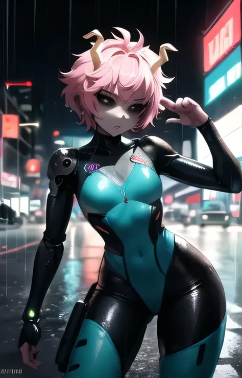 front, 1girl, pink hair, short pink hair, bright pink skin, black sclera, small horns (yellow), tired look, medium breasts, plug suit (black), plug holes on limbs, tight fit, curves, fist in air, fight stance, rain, rain drops, street, cyberpunk, cyborg ar...