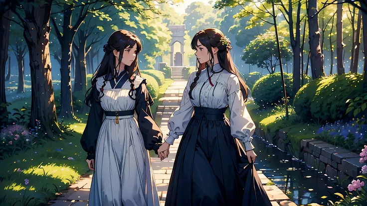 (highest quality, masterpiece, High resolution)、4K Anime Art、Soft Light、(Two women taking a walk、20-year-old)、(Side view)、(Detailed depiction of a beautiful face)、Put your hair up、Medieval European Dress、 evening、A woman is holding a lantern、Fireflies are ...