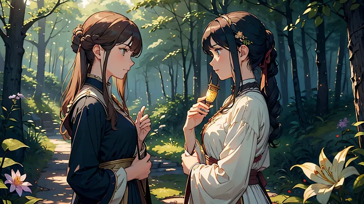 (highest quality, masterpiece, High resolution)、4K Anime Art、Soft Light、(Two women lost in the woods、20-year-old)、(Front view、Side view)、(Detailed depiction of a beautiful face)、Put your hair up、Medieval European Dress、 evening、A woman is holding a lantern...