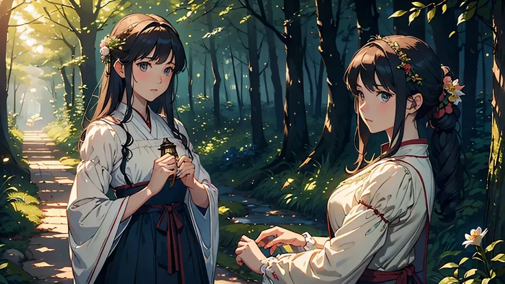 (highest quality, masterpiece, High resolution)、4K Anime Art、Soft Light、(Two women lost in the woods、20-year-old)、(Detailed depiction of a beautiful face)、Put your hair up、Medieval European Dress、 evening、A woman is holding a lantern、Fireflies are flying、L...