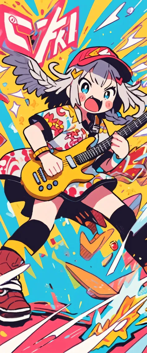 A vocalist of a girl band wearing a Fukuoka SoftBank Hawks baseball uniform screaming while playing an electric guitar