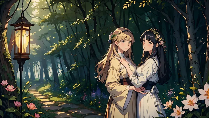 (highest quality, masterpiece, High resolution)、4K Anime Art、Soft Light、(Two women embracing in the forest、20-year-old)、(Detailed depiction of a beautiful face)、Put your hair up、Medieval European Dress、 evening、A woman is holding a lantern、Fireflies are fl...