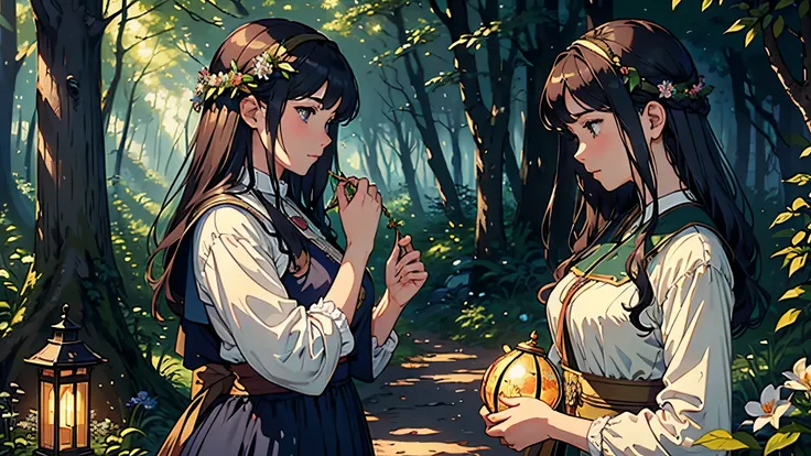 (highest quality, masterpiece, High resolution)、4K Anime Art、Soft Light、(Two women embracing in the forest、20-year-old)、(Detailed depiction of a beautiful face)、Put your hair up、Medieval European Dress、 evening、A woman is holding a lantern、Fireflies are fl...