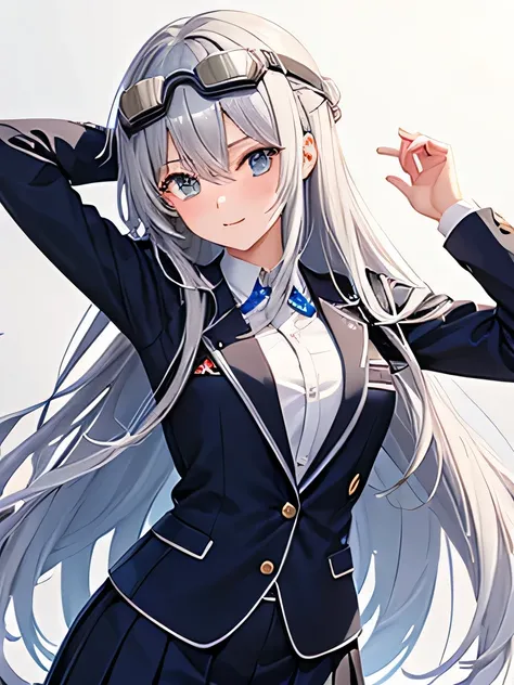 girl，high school student，Silver Hair，long hair，School，uniform，Wearing goggles on his head
