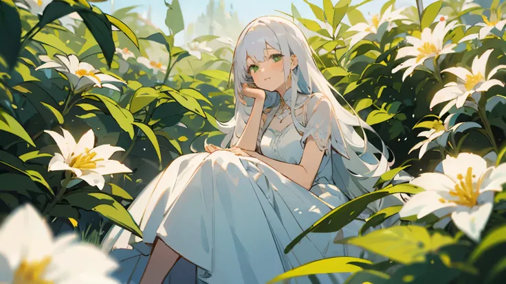 (masterpiece, best quality),1. Girl with long white hair sits in a field of green plants and flowers, her hand under her chin, Warm lighting, White Dress, Blurred foreground