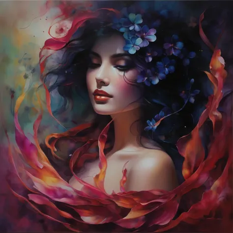 Create a memorable and artistic scene on canvas., depicting the transformation of beauty, innocent face in a mesmerizing composition of watercolor flowers, intertwined with wisps of ethereal mist.. Start with a serene face in the center of the canvas., wit...