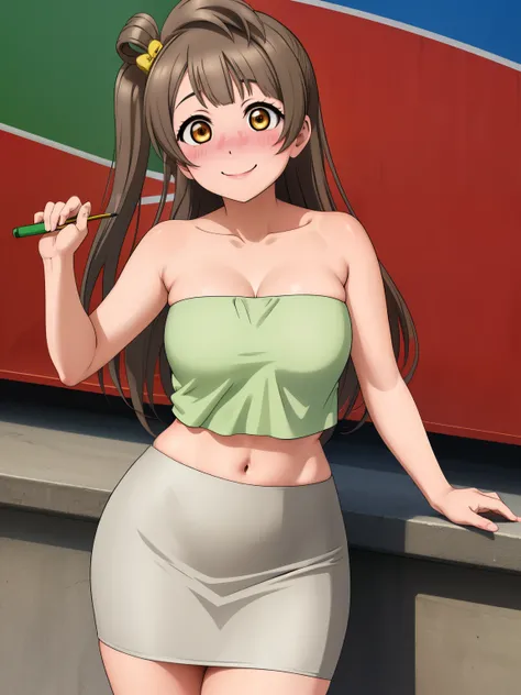 Masterpiece, best quality,solo, (detailed face), minami kotori, curvy body, smile,(embarrassed:1.2) ,white tube top, strapless ,(mini pencil skirt:1.2) , standing,cowboy shot, thighs, wide hips , midriff ,solo