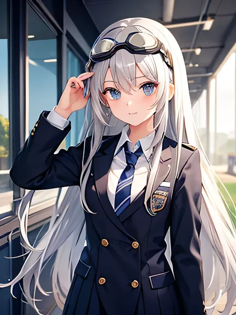 girl，high school student，Silver Hair，long hair，School，uniform，Wearing goggles on his head
