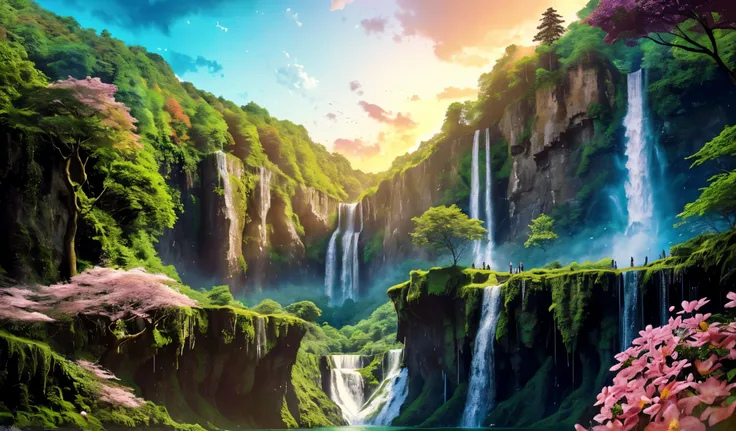 a large waterfall is in the middle of a lush green forest, stunning nature in background, with trees and waterfalls, scenic colorful environment, flowers and waterfalls, beautiful place, natural landscape beauty, waterfalls and lakes, really beautiful natu...