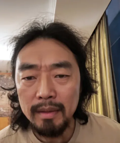 chinese man, Middle-aged man，with long hair in takes，Have a beard，Wearing a tan shirt, YouTube video screenshot,  Chinese Artists, ultra quality, 4k, full 3d, cinematic close up portrait, rich detail, intricate details, highly detailed, photorealistic, oct...