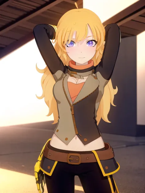 yangxiaolong, yang xiao long, long hair, blonde hair, (purple eyes:1.1), ahoge, bangs,
break cleavage, jacket, belt, mechanical ...