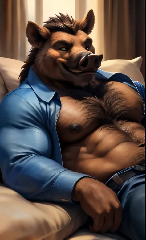 (((Boar))), (((open shirt))), ((blue jeans pants)), (((full body portrait))), showing pecs, showing chest, male, solo, adult, muscular abs, big pecs, nipples, older, detailed muscles, strong muscles, huge muscles, brown hair, (((lying down in bed))), (bedr...