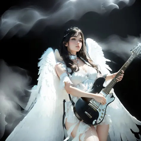 (best quality,4k,8k,highres,masterpiece:1.2),ultra-detailed,(realistic,photorealistic,photo-realistic:1.37),a woman holding a guitar, angelic wings, a young fair-skinned angel, white wings, black background, surrounded by white smoke, beautiful face，The ch...