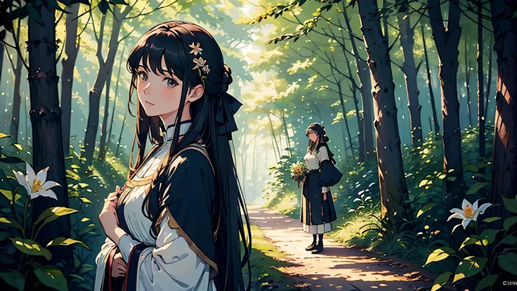 (highest quality, masterpiece, High resolution)、4K Anime Art、Soft Light、(A woman waiting for a friend in the woods、20-year-old)、(Detailed depiction of a beautiful face)、Put your hair up、Medieval European Dress、 evening、A woman is holding a lantern、Fireflie...