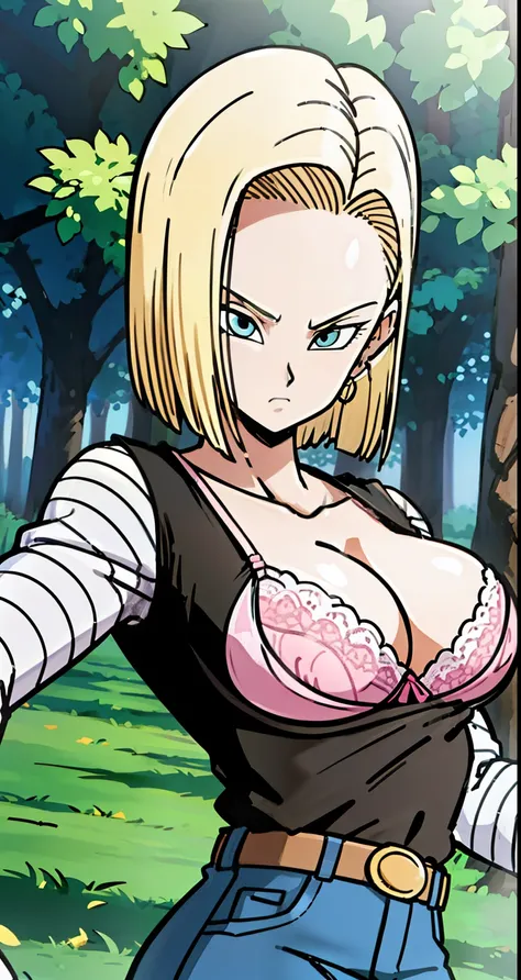 masterpiece, detailed face, 
android 18,  buu saga, , 1girl, solo, looking at viewer, short hair, blue eyes, blonde hair, collarbone, 
field, trees,((huge tits:1.2)),cleavage, forest, upper body, lying on field, hovering, 
midair, 
black shirt, long sleeve...