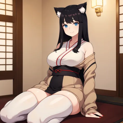 a woman wearing a beige sweater, with exposed thigh, long white stockings, large breasts, long black hair, neko ears, blue eyes, smiling, bangs in her hair, in a modern Japanese covering,(solo woman), HDR, ultra resolution, sharp, masterpiece, 8K HD
