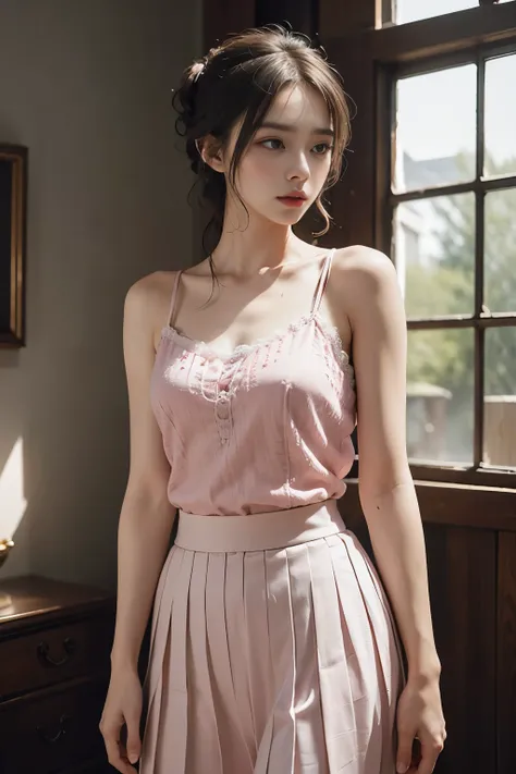 One elegant girl, adorned in an exquisitely detailed pink pure cotton camisole vest and a black pleated skirt, stands proudly in the original photo. Captured in 8k ultra high definition using a DSLR camera, every detail is rendered in superb realism and ph...