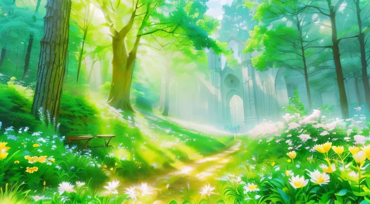 il y a une photo d&#39;a forest with flowers and a bench, anime luxuriant john 8k bois, animated, nature, anime beautiful scene of peace, Magic forest backround, animated, nature wallpap, forest ray light, beautiful forest, beautiful forest scenery, bright...