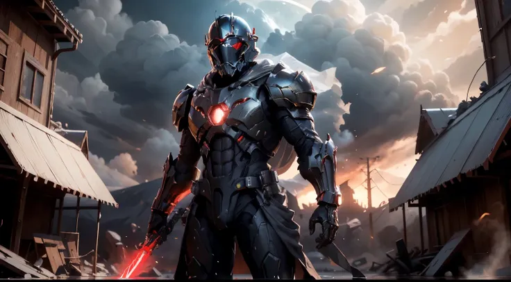 um homem, V-shaped mechanical helmet, olhos de capacete com luz vermelha, vestindo um terno mech Doom Slayer sexy preto, holding  one red lighsaber,Flames A Place in Hell Destroyed in the Apocalypse, realista, melhor qualidade de imagem, highest definition...